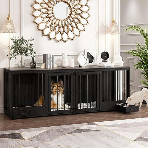 Furniture Style Large Dog Crate for 2 Dogs, 86.6" Heavy Duty Wooden Dog Kennel with Dog Bowl Drawers & Divider, Indoor Furniture Style Dog Kennel for Large Medium Dogs, White