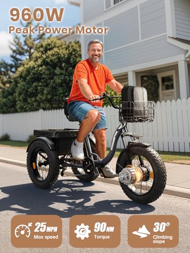 Electric Trike for Adults 960W Peak 36V 15AH Battery 20" Fat Tire with Rear Basket V89083