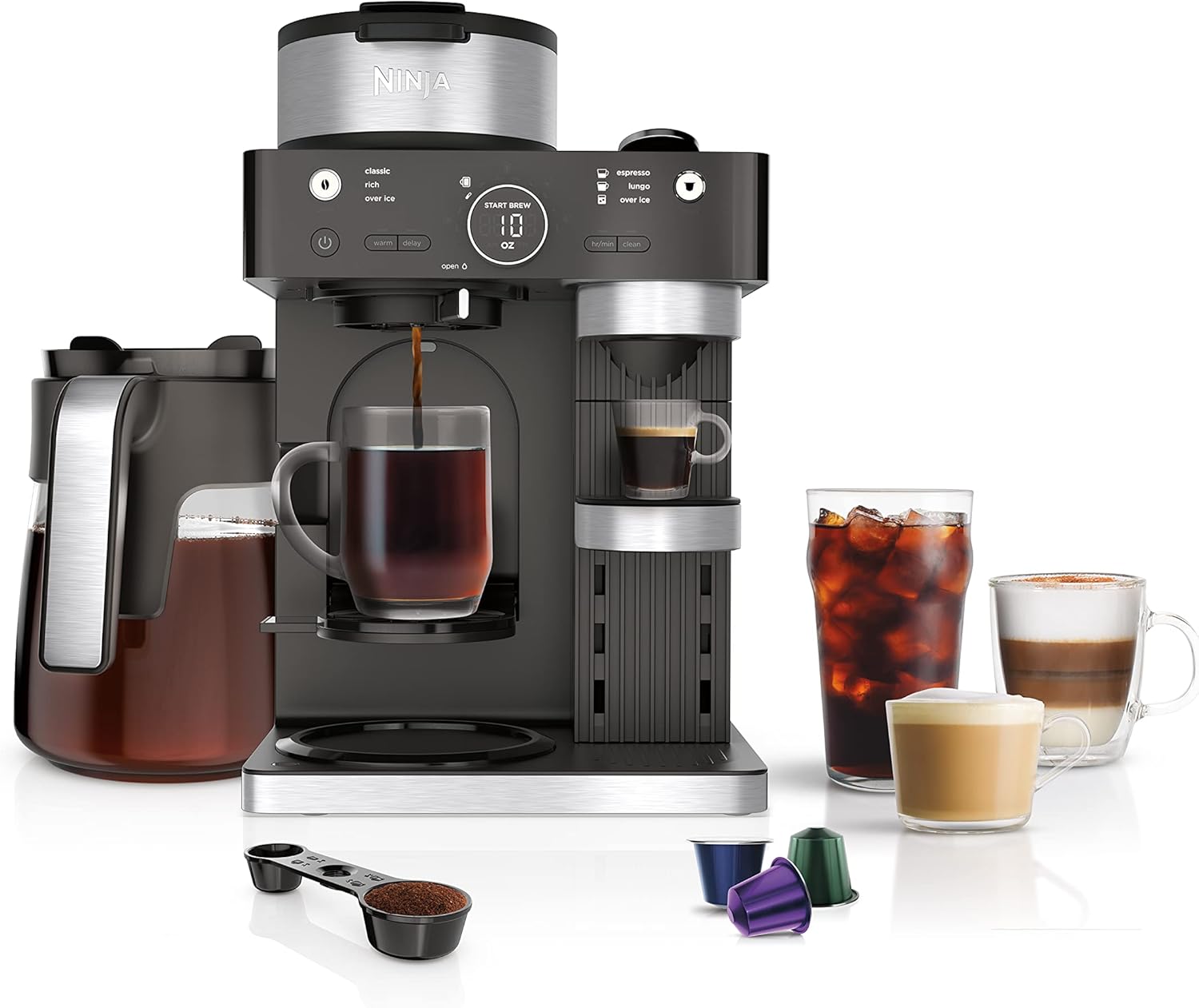 Ninja Espresso & Coffee Barista System, Single-Serve Coffee & Nespresso Capsule Compatible, 12-Cup Carafe, Built-in Frother, Black and Stainless Steel, CFN601C (Canadian Version)
