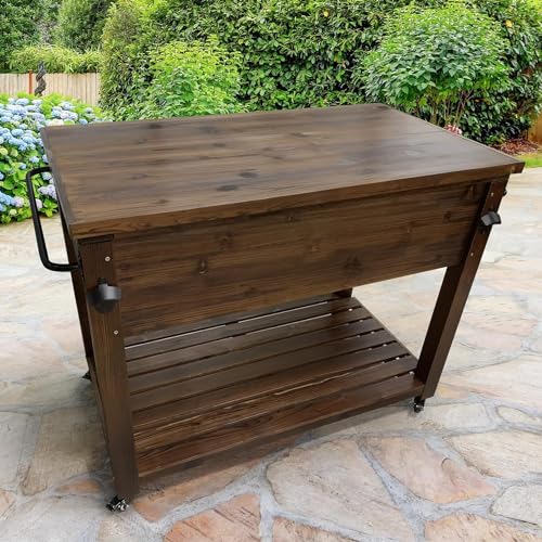 Wooden Patio Cooler Rolling Cart with Wheels, Bottle Opener, 100-Quart A729349