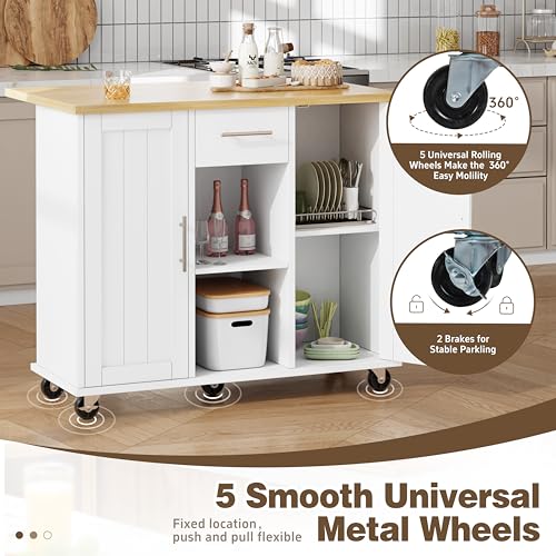 Shintenchi Kitchen Island with Drop Leaf, Rolling Cart with Storage, White T972