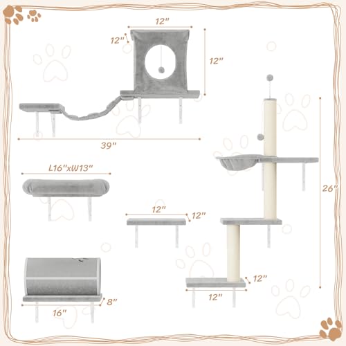NUNU LAB Wall Mounted Cat Furniture, 7 Pcs Cat Wall Shelves with House, Gray T582052