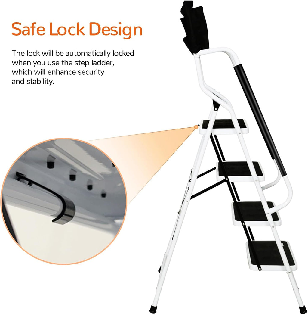 4 Step Ladder with Handrails and Tool Bag, 300 lb Capacity, White Q690818