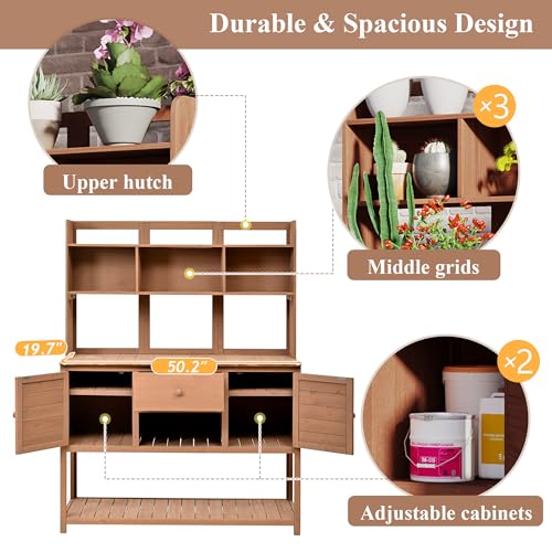Outdoor Wooden Potting Bench Table with Drawers and Storage Shelves C672480