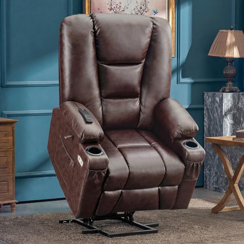 MCombo Small Power Lift Recliner Chair with Massage and Heat, Faux Leather, Dark Brown E441