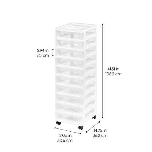 IRIS USA Plastic 10-Drawer Rolling Storage Cart with Wheels, White/Clear Y592371