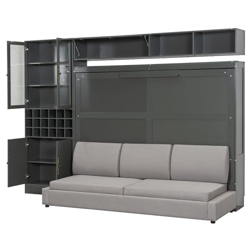 MERITLINE Queen Murphy Bed with Couch and Storage Shelves, LED Light, White J578
