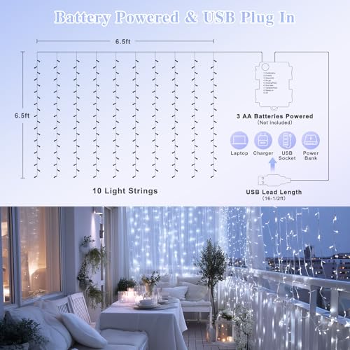 JMEXSUSS 200 LED Christmas Curtain Lights, Warm White, Battery & USB Powered W573