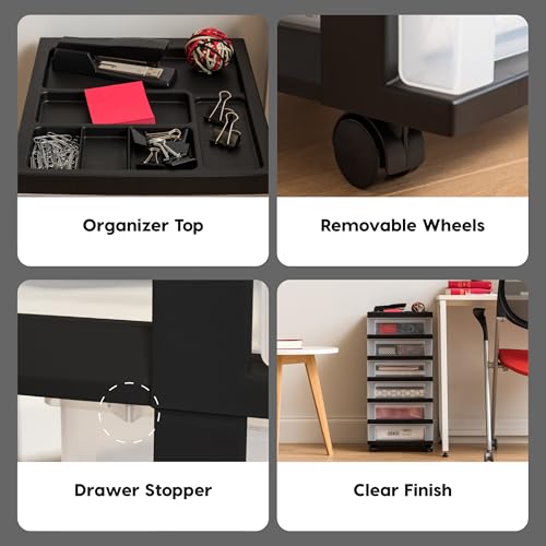 IRIS USA Plastic 10-Drawer Rolling Storage Cart with Wheels, Black/Clear T4065