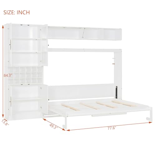 MERITLINE Queen Murphy Bed with Couch and Storage Shelves, LED Light, White J578