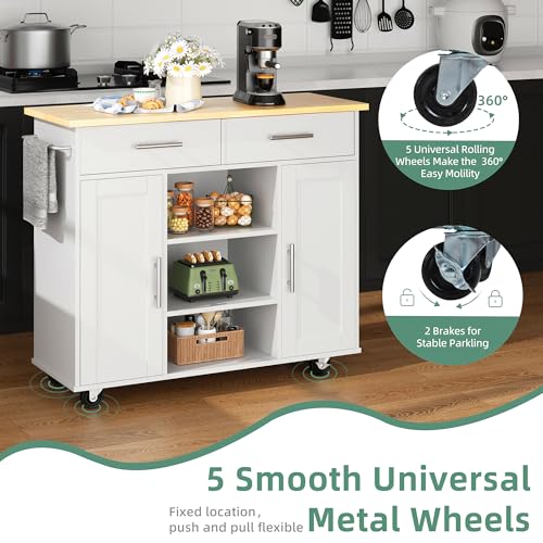 Shintenchi Kitchen Island with Drop Leaf, Rolling Cart with Storage, White T972