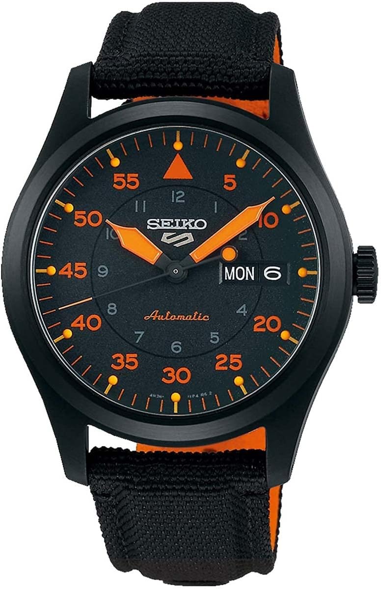 Seiko SRPH33 Men's Watch, 41-Hour Power Reserve, Stainless Steel Case, Black Nylon Strap, Blue and Orange Dial, Day/Date Display, 100m Water Resistant