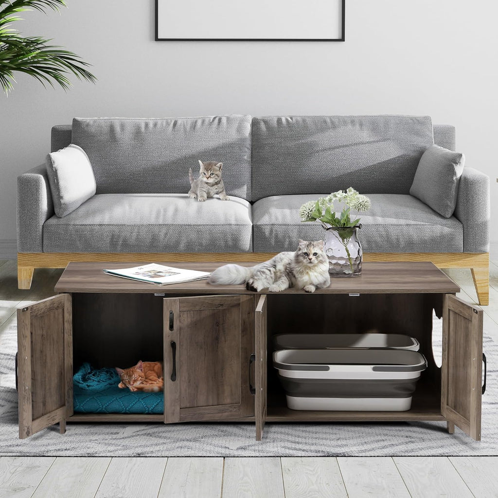 TITIMO Cat Litter Box Enclosure for 2 Cats with Lockable Door, Wooden, Greige A67654