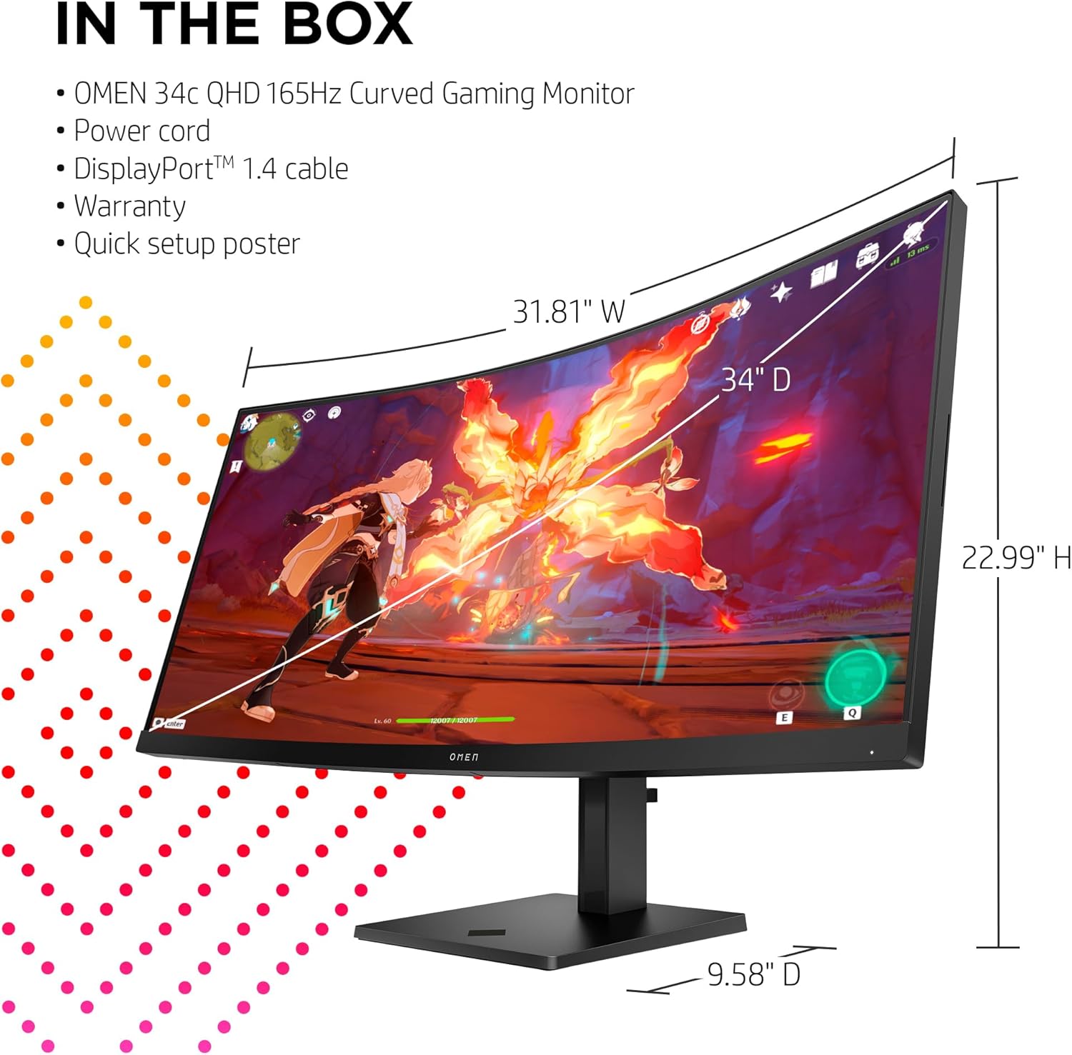 HP OMEN 34c QHD 165Hz Curved Gaming Monitor, 3440 x 1440, VA Panel, 21:9, Black H232