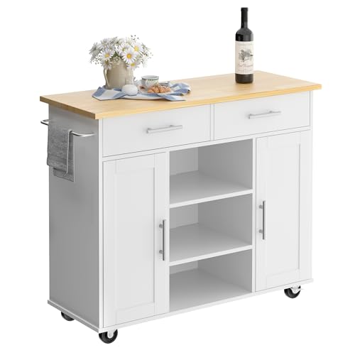 Shintenchi Kitchen Island with Drop Leaf, Rolling Cart with Storage, White T972
