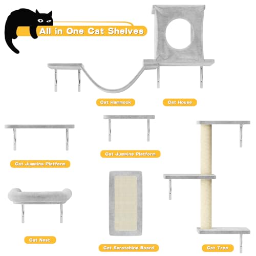NUNU LAB Wall Mounted Cat Furniture, 7 Pcs Cat Wall Shelves with House, Gray T582052