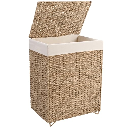 PrimeZone 90L Laundry Hamper with Lid - 23.8 Gal Foldable FSC Certified Natural Seagrass Hand Woven Laundry Basket with Removable Liner & Handle, Rattan Clothes Hamper Organizer for Bathroom, Bedroom