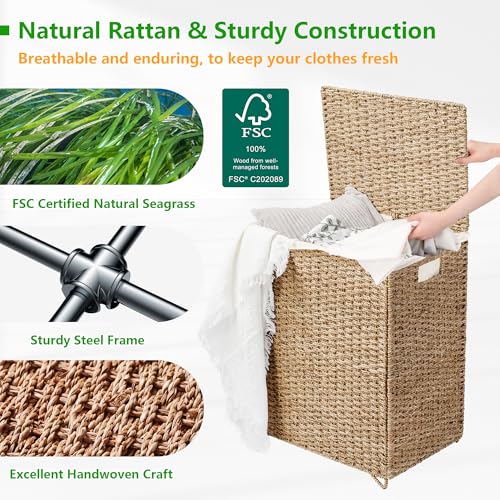 PrimeZone 90L Laundry Hamper with Lid, Foldable Natural Seagrass Basket with Removable Liner P139719