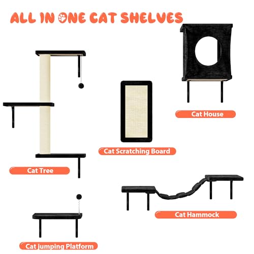 NUNU LAB Wall Mounted Cat Furniture, 7 Pcs Cat Wall Shelves with House, Gray T582052