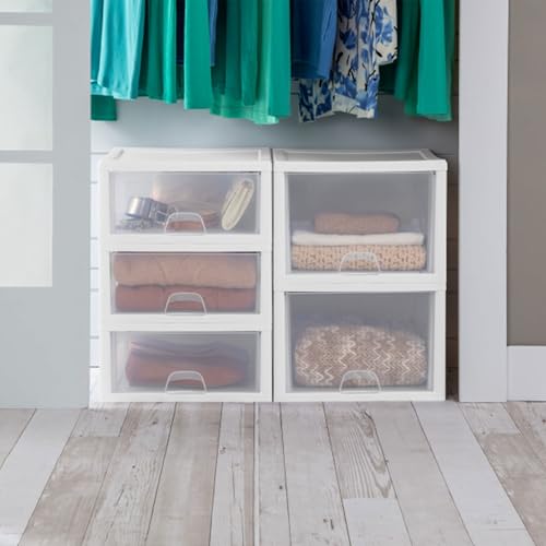 Sterilite 4-Pack 27 Quart Stacking Drawer, Clear Storage Organizer with White Frame M965