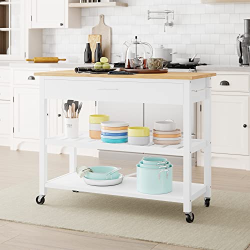 Shintenchi Kitchen Island with Drop Leaf, Rolling Cart with Storage, White T972
