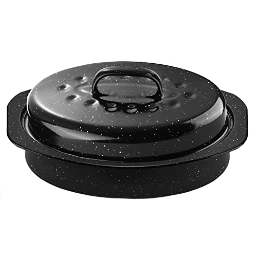 13Inch Roasting Pan, Enamel on Steel, Black Covered Oval Roaster Pan with Lid, Small Cookware for Turkey, Small Chicken, Roast Baking Pan.