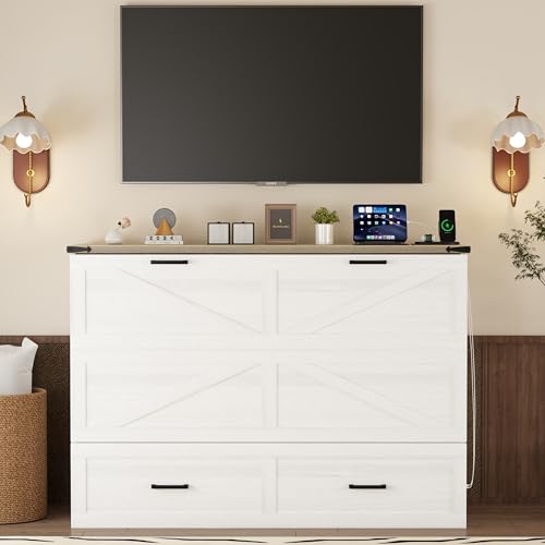 Murphy Cabinet Bed Frame with Charging Station, Full-Size Foldable Wall Bed Z526