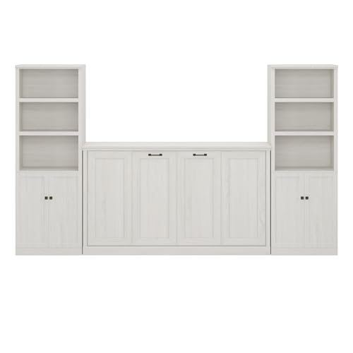 Merax Twin Murphy Bed with Storage Bookshelf and USB Charging, Rustic White U191604