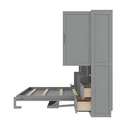 Ball & Cast Murphy Bed Queen Size Wall Chest with Charging Station and Storage Drawer, Gray J8503