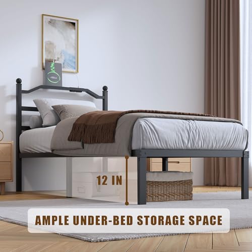 Full Metal Bed Frame 14 Inch Tall Heavy Duty Black Steel Slats Platform J736200