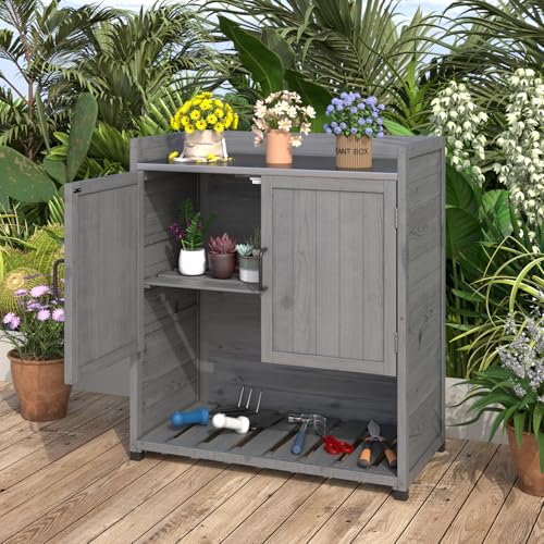 AECOJOY Outdoor Storage Cabinet Potting Bench Table with Adjustable Shelf, Grey N11766