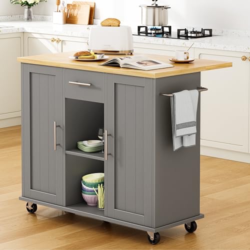 Shintenchi Kitchen Island with Drop Leaf, Rolling Cart with Storage, White T972
