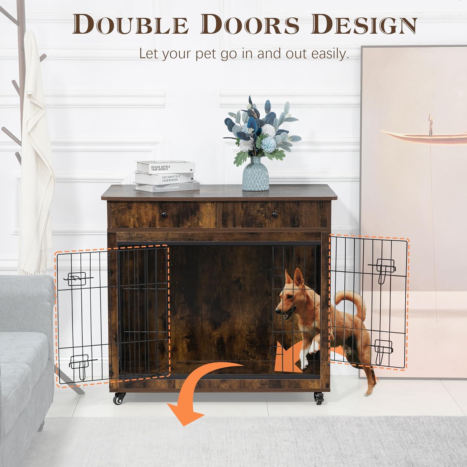 Yehha Cabinet Crate Furniture with Storage Drawer and Wheels, Wooden Dog Kennel, Brown D49834