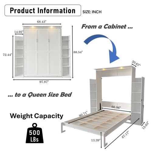 Queen Size Murphy Bed with Desk & Charging Station, White K505073