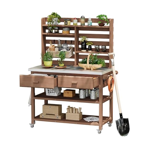 Outdoor Wooden Potting Bench Table with Drawers and Storage Shelves C672480