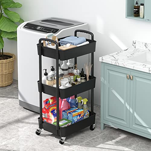 Sywhitta 3-Tier Plastic Rolling Utility Cart with Handle, Black F220270