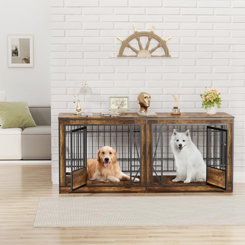 86 in Double Dog Crate Furniture with Divider, Heavy Duty Wooden Kennel for Large Dogs, Brown P52672