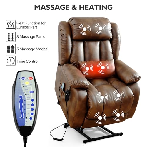 EDILLY Genuine Leather Power Lift Recliner Chair with Massage and Heating, Brown C901