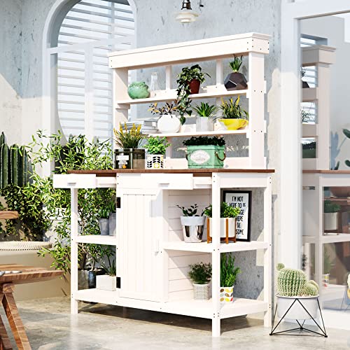 Outdoor Wooden Potting Bench Table with Drawers and Storage Shelves C672480