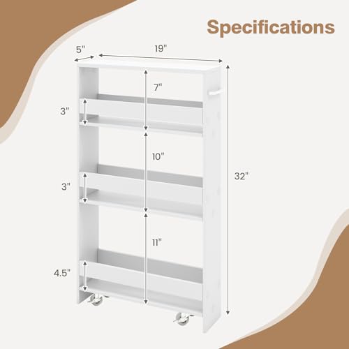 Slim 4-Tier Rolling Storage Cart on Wheels, Wood Shelving Unit with Handle, White H76328