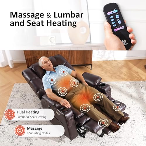 MCombo Large Triple Motor Power Lift Recliner Chair with Massage and Dual Heating, Faux Leather, Dark Brown X979
