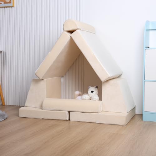 Modular Kids Play Couch, Convertible Foam Floor Sofa for Toddlers, Beige G408018