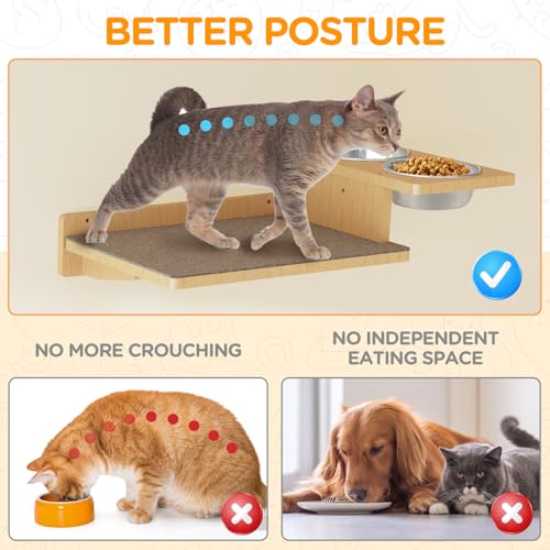 MeowHomm Cat Wall Shelves with 3 Steps and 2 Food Bowls S894