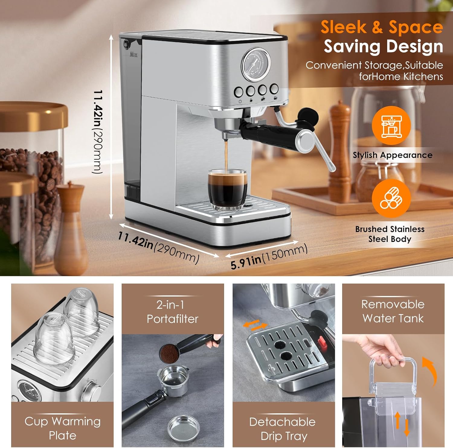Sparkfire Espresso Machine 20 Bar Stainless Steel with Milk Frother K871515