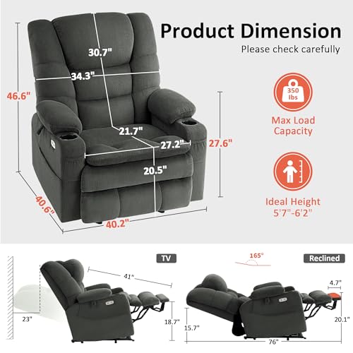 MCombo Large Triple Motor Power Lift Recliner Chair with Massage and Dual Heating, Grey D316