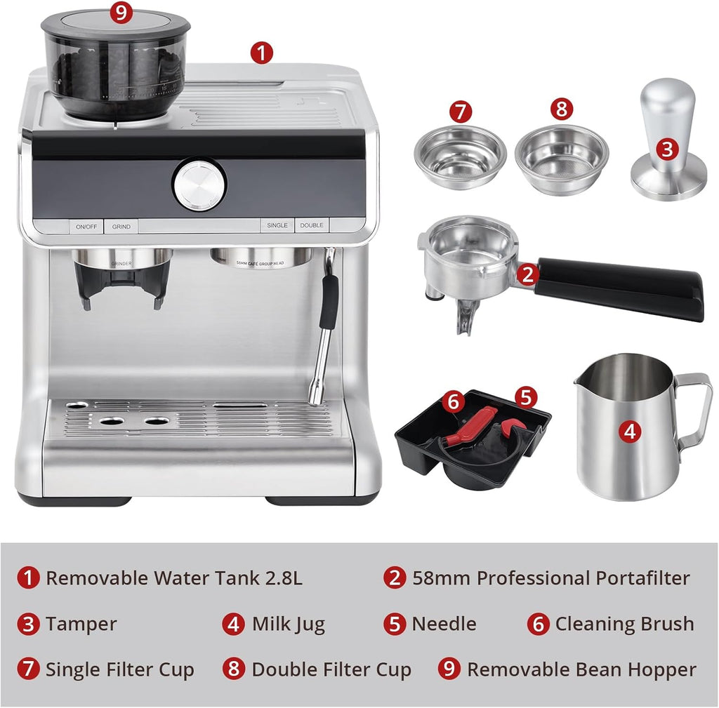 Espresso Machine with 20 Bar, Brushed Stainless Steel, Milk Frother Steam Wand M922965