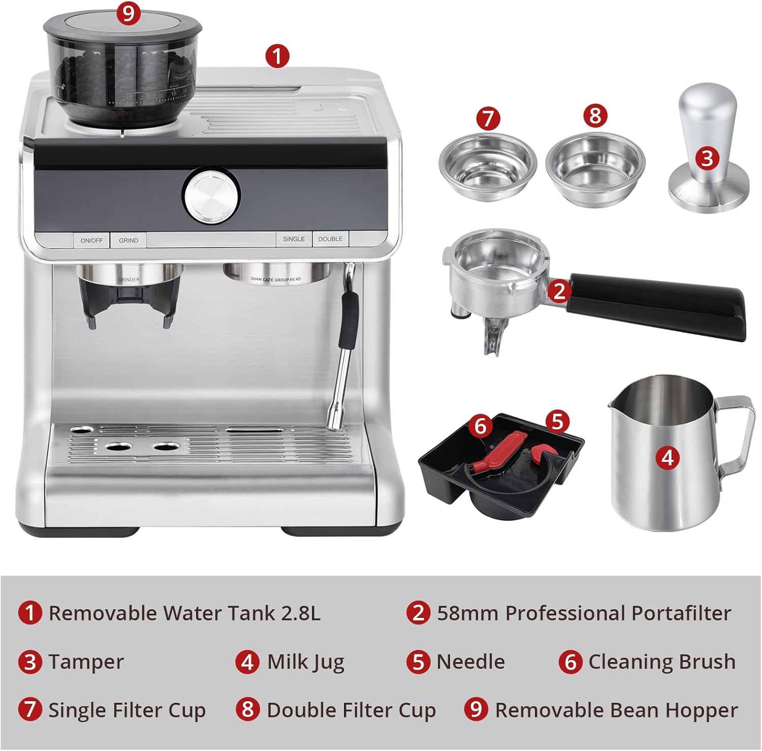 Espresso Machine with 20 Bar, Brushed Stainless Steel, Milk Frother Steam Wand M922965
