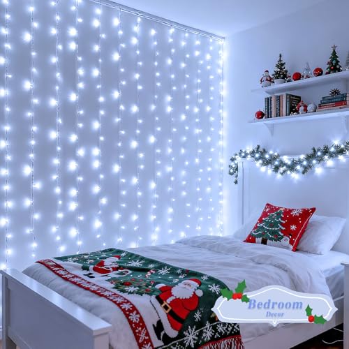 JMEXSUSS 200 LED Christmas Curtain Lights, Warm White, Battery & USB Powered W573