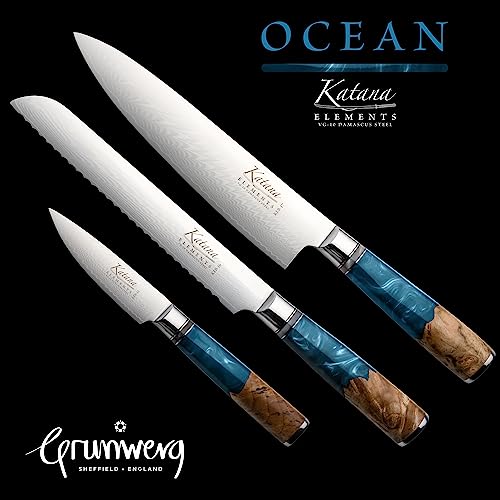 Grunwerg Katana Elements 9 Piece Knife Block Set, Damascus Steel Blades, Resin Handle, Green W8932