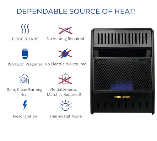 ProCom ML100TBAHR Ventless Propane Gas Blue Flame Space Heater with Thermostat, 10000 BTU, Wall Mount, Black J474983